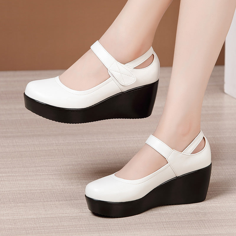 kamames Heel Slope Thick Soles Round Head Shallow Mouth Single Shoes Soft Soles Comfortable Leisure Middle-Aged Mother Shoes Large Size Small Leather Shoes