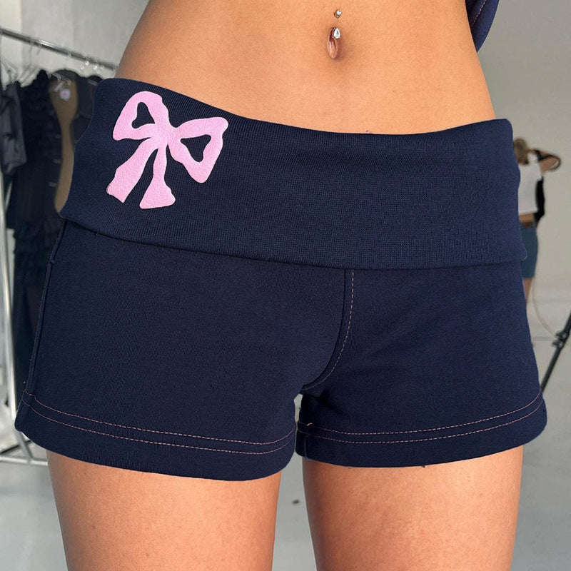 kamames Girls Fashion Flanging Waist Line Hit Color Bow Knot Printed Flower Low-Waist Shorts Slim Casual Knitted Pants