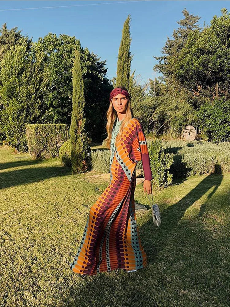 kamames Ethnic Style V Neck Slit Maxi Dresses Women Patchwork Dot Printed Long Sleeve Loose Dress 2024 Chic Summer Street Robes