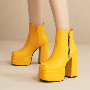 kamames Fashion Women Boots Double Platform Chunky High Heel Ankle Boots Square Toe Zipper Punk Boots Autumn Winter Lady Shoes