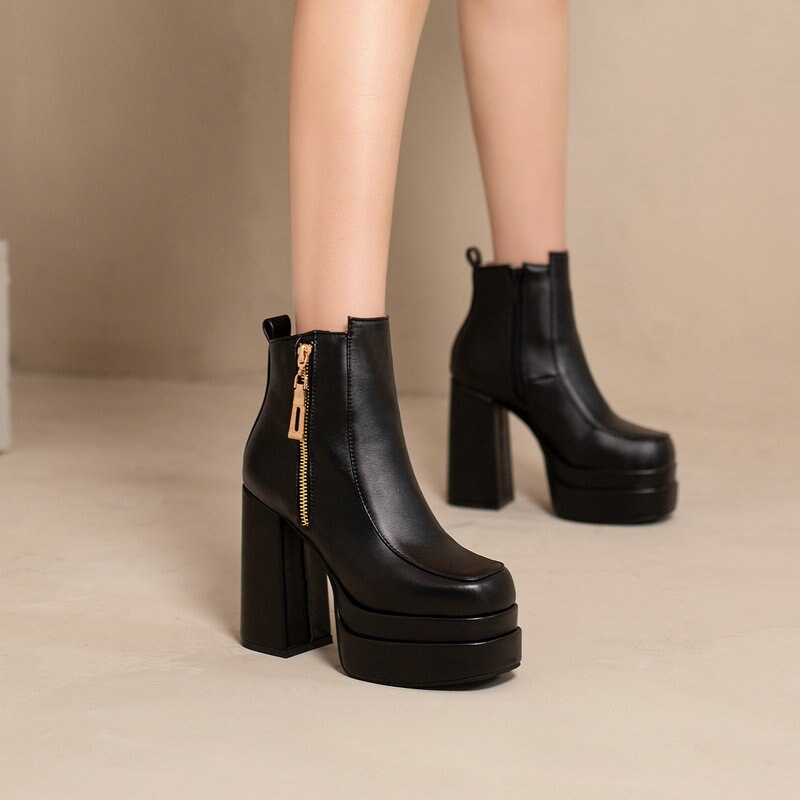 kamames Fashion Women Boots Double Platform Chunky High Heel Ankle Boots Square Toe Zipper Punk Boots Autumn Winter Lady Shoes