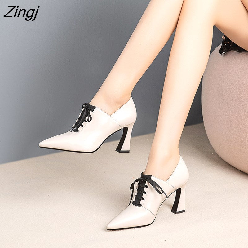 kamames Heels Hoof Pumps Women Lace Up Pumps Cow Leather Shoes Female Fashion Pointed Toe OL Shoes Women Autumn 2023 New