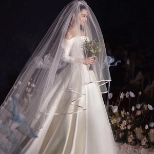 kamames Ribbon Edge Wedding Veils Tulle Long Bridal Veil Two Layer Bridal Veil Long Bridal Party Veils Wedding Accessories