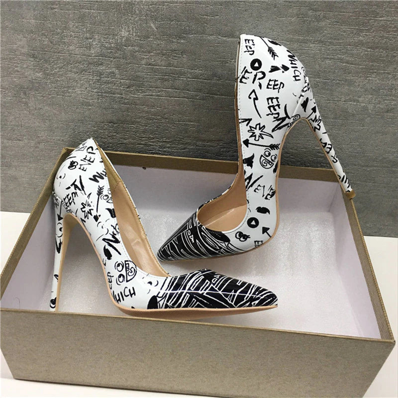 kamames fashion pointed toe 12cm high-heeled exquisite black white graffiti elegant single shoes ladies party shoes QP014 ROVICIYA