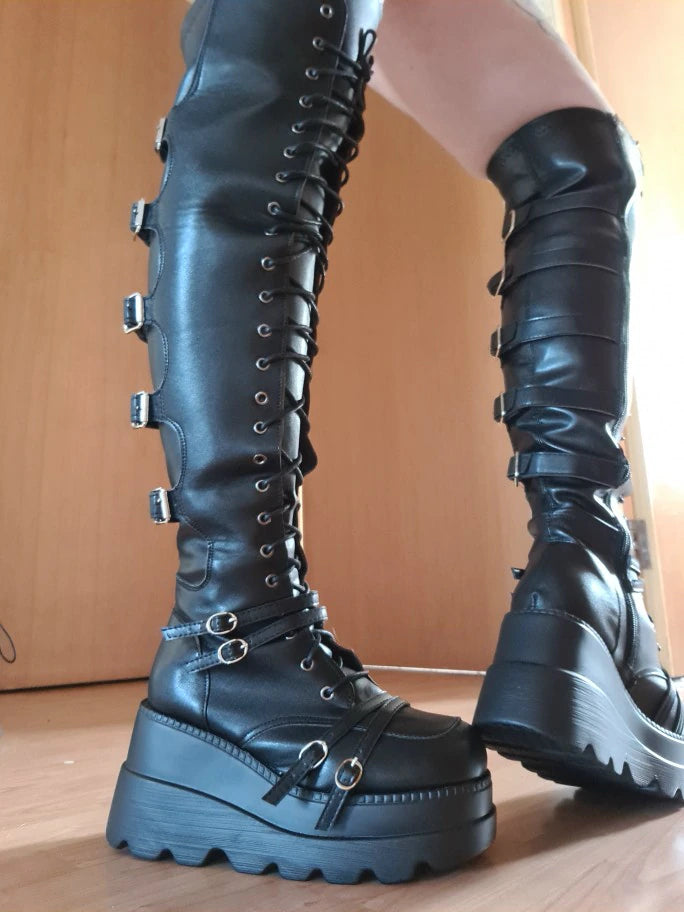 kamames Design Big Size 43 Shoelaces Cosplay Motorcycles Boots Buckles Platform Wedges High Heels Thigh High Boots Women Shoes