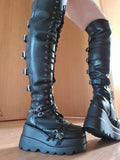kamames Design Big Size 43 Shoelaces Cosplay Motorcycles Boots Buckles Platform Wedges High Heels Thigh High Boots Women Shoes