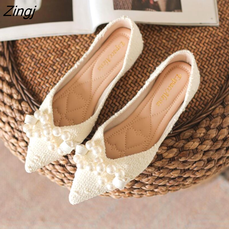 kamames Green Soft Pointed Toe Flat Shoes Women Ballet Shoes 2023 Spring New Pearl Bow Korean Ladies OL Office Shoes