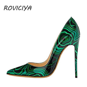 kamames green printed party wedding shoes ladies pumps womens heels shoes fashion 12 cm stilleto pointed toe heels QP015 ROVICIYA
