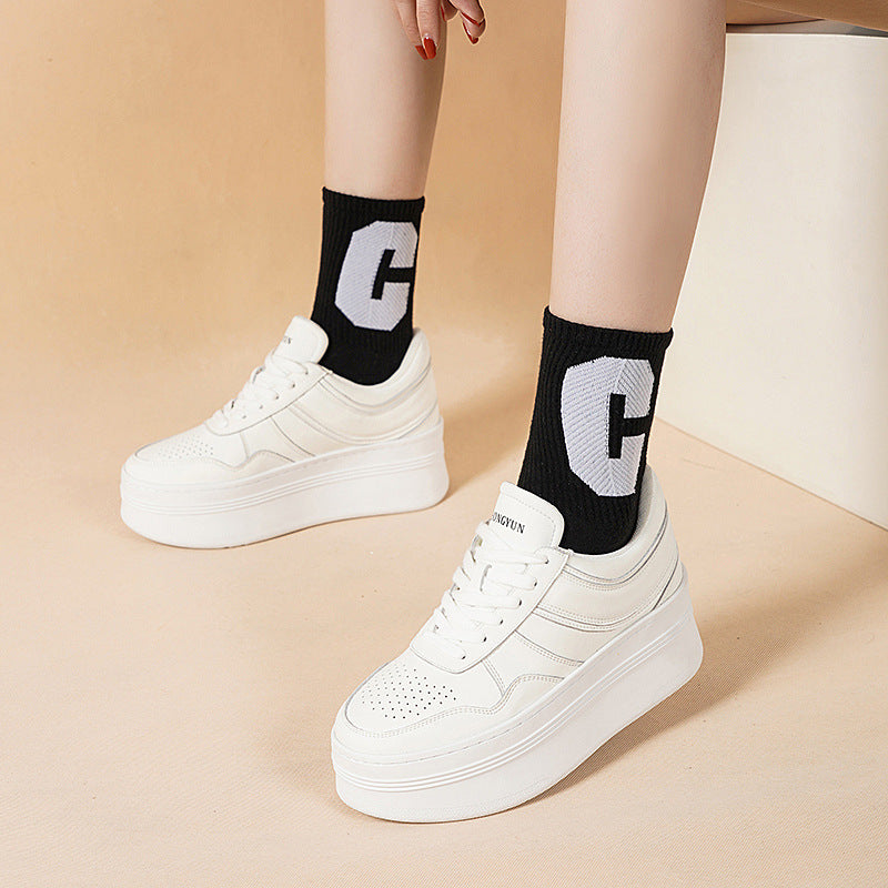kamames Cowhide Small White Shoes Women's Leather Strapped Thick-Soled Muffin Shoes Fashion Leisure Shoes Breathable Anti-Skid Shoes White Shoes