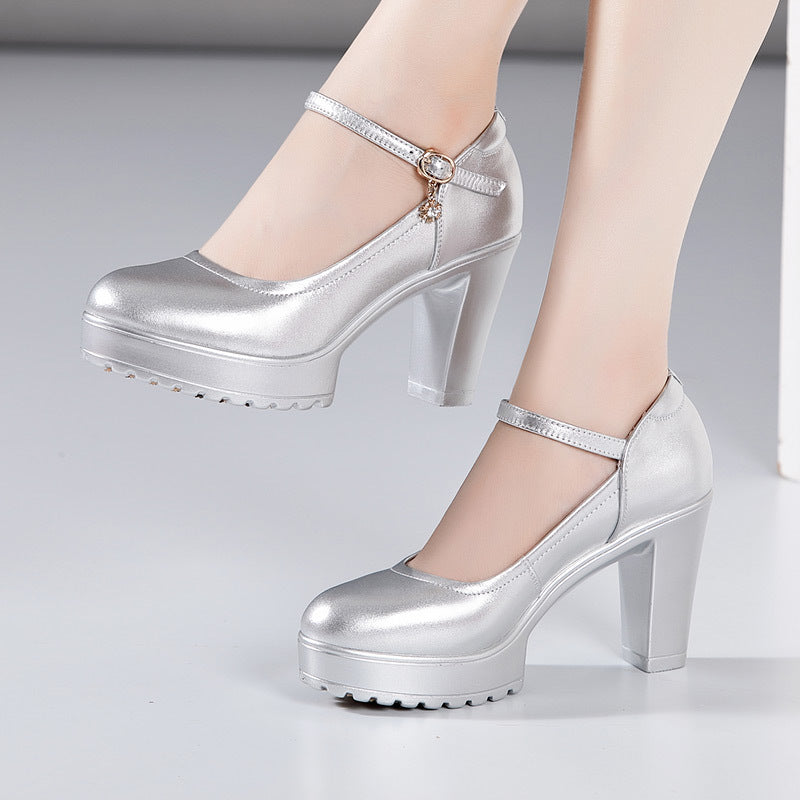 kamames Cowhide Catwalk High Heels Women's Anti-Skid Thick Heel Waterproof Platform Cheongsam Models Soft Leather Work Shoes Women's Singles
