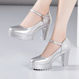 kamames Cowhide Catwalk High Heels Women's Anti-Skid Thick Heel Waterproof Platform Cheongsam Models Soft Leather Work Shoes Women's Singles