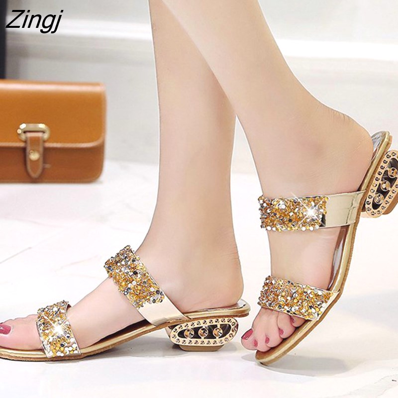 kamames Sequin Slippers Women Summer Luxury Golden Square Heel Party Shoes Slides Woman Open Toe Med Heels Beach Shoes
