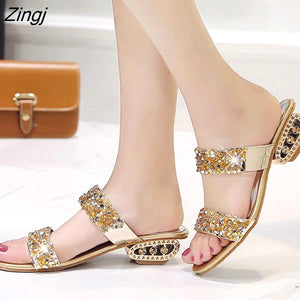 kamames Sequin Slippers Women Summer Luxury Golden Square Heel Party Shoes Slides Woman Open Toe Med Heels Beach Shoes