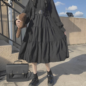 kamames Gothic Black Dress Women Summer Japanese Preppy Style Kawaii Lolita Dress Sweet Long Puff Sleeve Pleated Party Vestidos