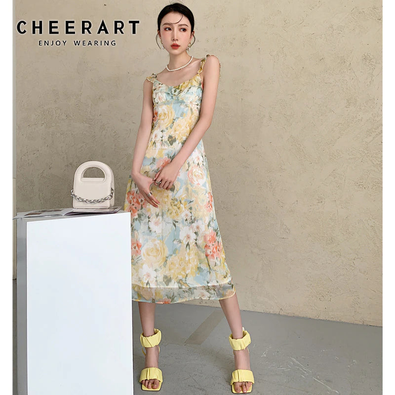 kamames Floral Chiffon Long Tank Dress Women Summer 2021 Backless Vintage A Line Tunic Ladies Midi Dress Korean Fashion