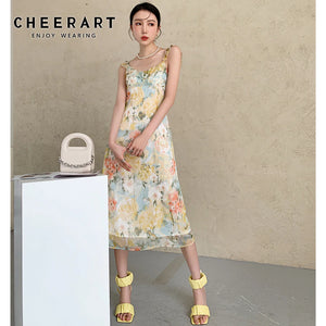 kamames Floral Chiffon Long Tank Dress Women Summer 2021 Backless Vintage A Line Tunic Ladies Midi Dress Korean Fashion
