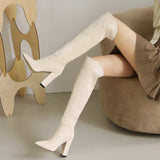 kamames Faux Suede Knee High Boots Winter Women Boots Square High Heel Long Boots Slip On Pointed Toe Fashion Woman's Boots Shoes