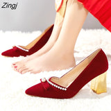 kamames Red Velvet Pearls Pumps Woman Sexy Pointed Toe Thin High Heels Party Wedding Shoes Women Spring 2023 Zapatos Lady