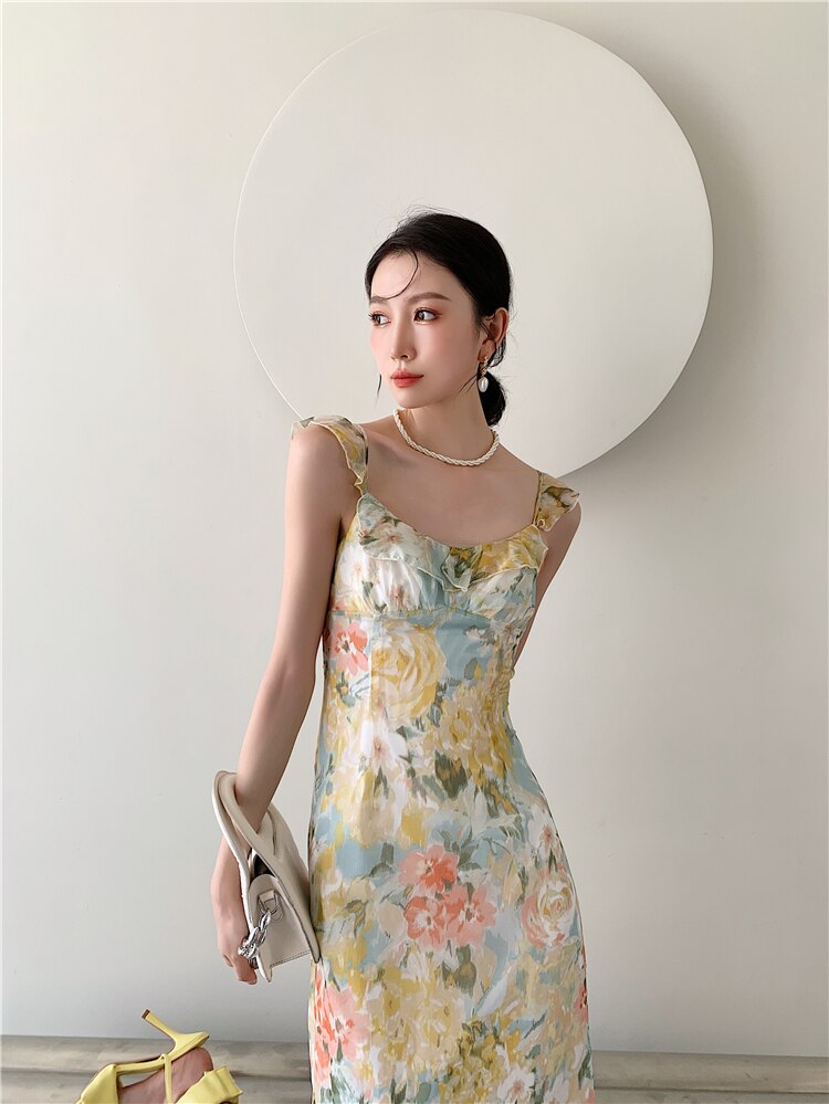 kamames Floral Chiffon Long Tank Dress Women Summer 2021 Backless Vintage A Line Tunic Ladies Midi Dress Korean Fashion