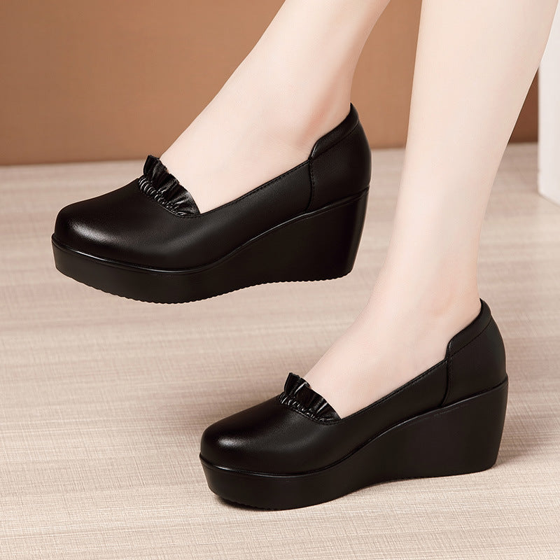 kamames Head, Soft Soles, Middle-Aged, Middle-Aged, Single Shoes, Women's Waterproof Table, Thick Soles, Medium Heels, Large Slope Heels, Women's Shoes.