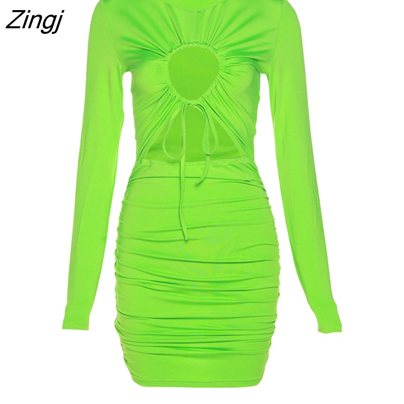 kamames Sexy Hollow Out Drawstring Women Dress Green Long Sleeve Ruched Mini Dress Female Autumn Skinny Fashion Streetwear 2022
