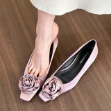 kamames Roses! Gentle Apricot Silk Satin Head Shallow Mouth Single Shoes Women's Low Thick Heels Flat Shoes