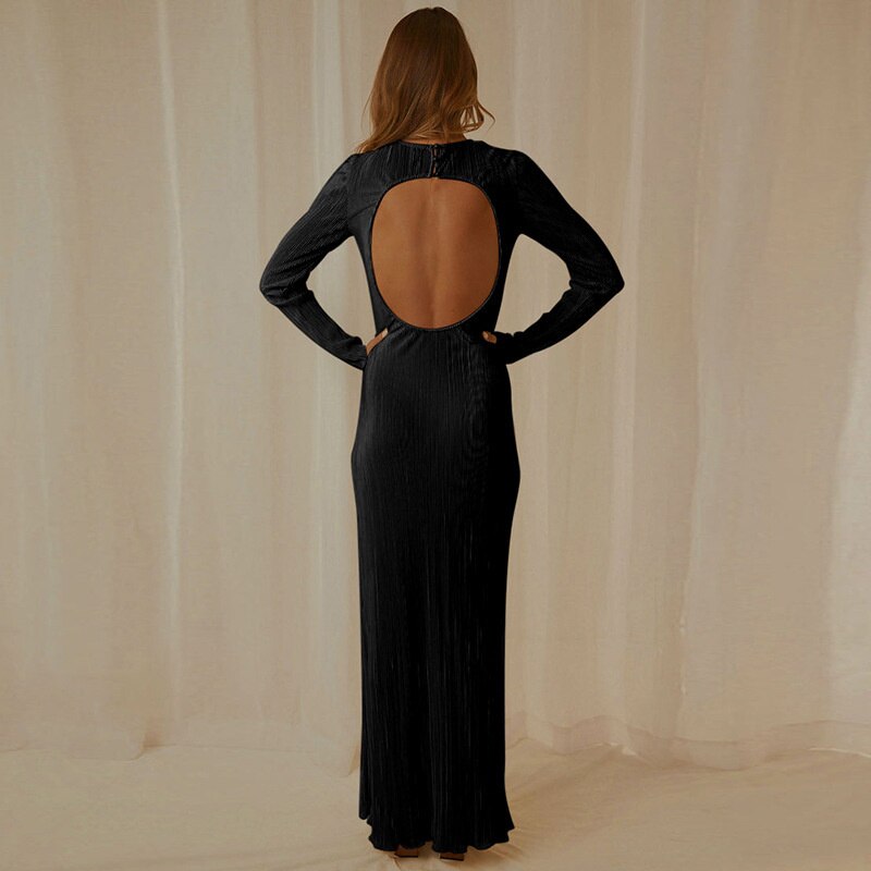kamames Elegant Backless Full Sleeve Pleated Maxi Dress For Women Gown Summer O Neck Side Split Long Dress Vestido Clothes