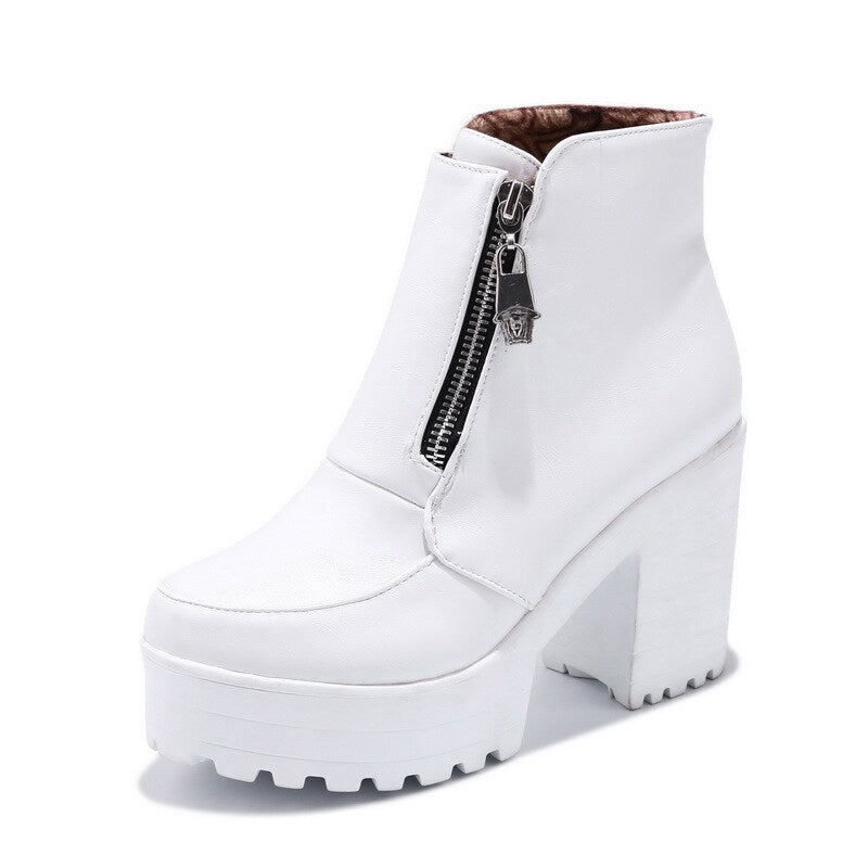 kamames Sgesvier Black White Platform Ankle Boots for Women High Heels Boots Ladies Zip Autumn Winter Booties Woman Boots Shoes 2020