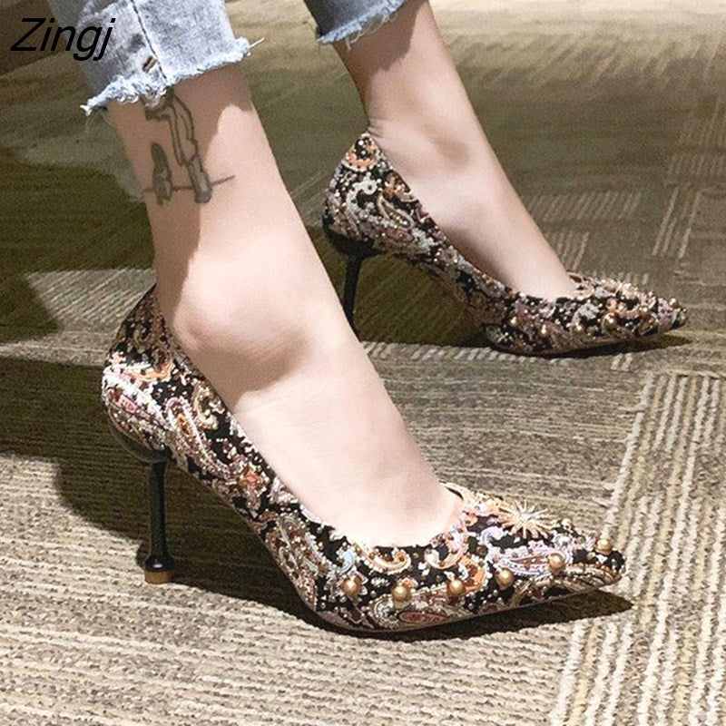 kamames crystal metal snow rivets single shoes red/black women wedding shoes pointed toe thin high heels slip on pumps stilettos