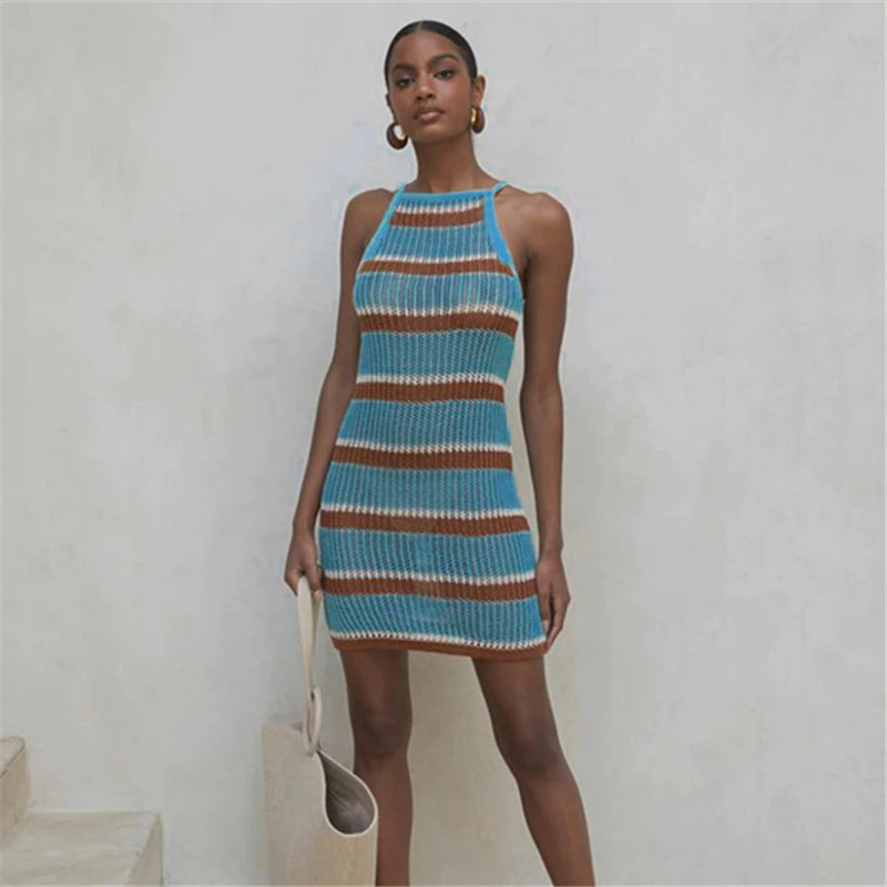 kamames Sexy Striped Dress Blue Crochet Tunic Elegant Sleeveless Women Summer Dress Beach Wear Swim Suit Cover Up Q1255