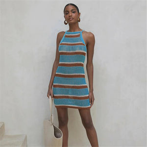 kamames Sexy Striped Dress Blue Crochet Tunic Elegant Sleeveless Women Summer Dress Beach Wear Swim Suit Cover Up Q1255