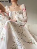 kamames Elegant Floral Party Dress Romantic One Piece Fairy Beach Dresses Woman Lantern Sleeve Evening Prom Vestidos 2024 Summer