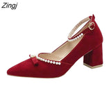 kamames Red Velvet Pearls Pumps Woman Sexy Pointed Toe Thin High Heels Party Wedding Shoes Women Spring 2023 Zapatos Lady