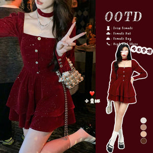 kamames Hot Girl Red Velvet Dress Women's Autumn/Winter Christmas Square Collar Long-sleeved Slim Fit A-line Dress Female Clothes