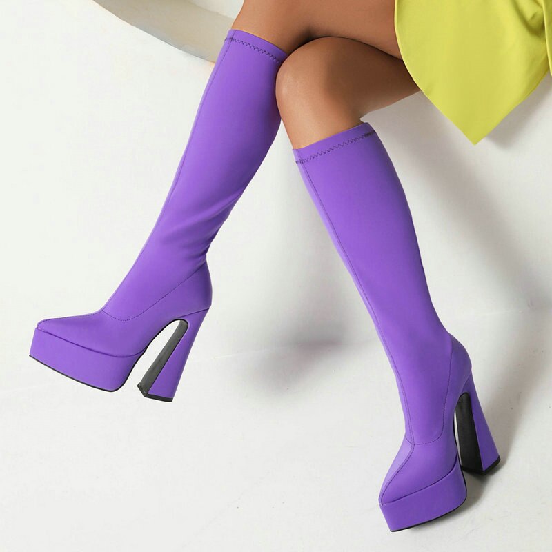 kamames Fashion Women Knee High Boots Platform Square High Heel Long Boots Autumn Winter Pointed Toe Stretch Lady Shoes