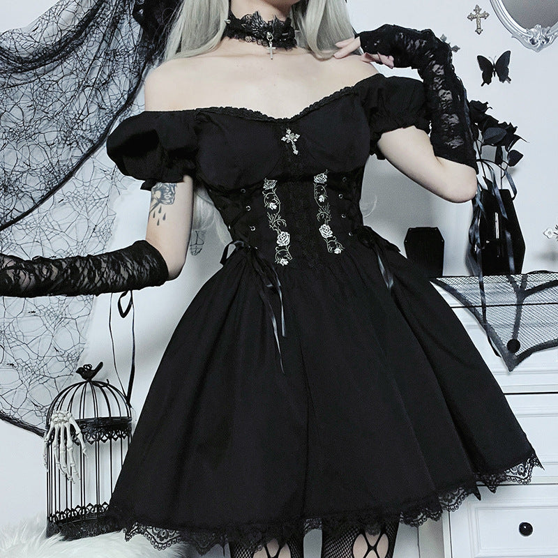 kamames Cross Print Strap Shoulder Lace Spliced Dress Dark Sexy Slim Princess Dress