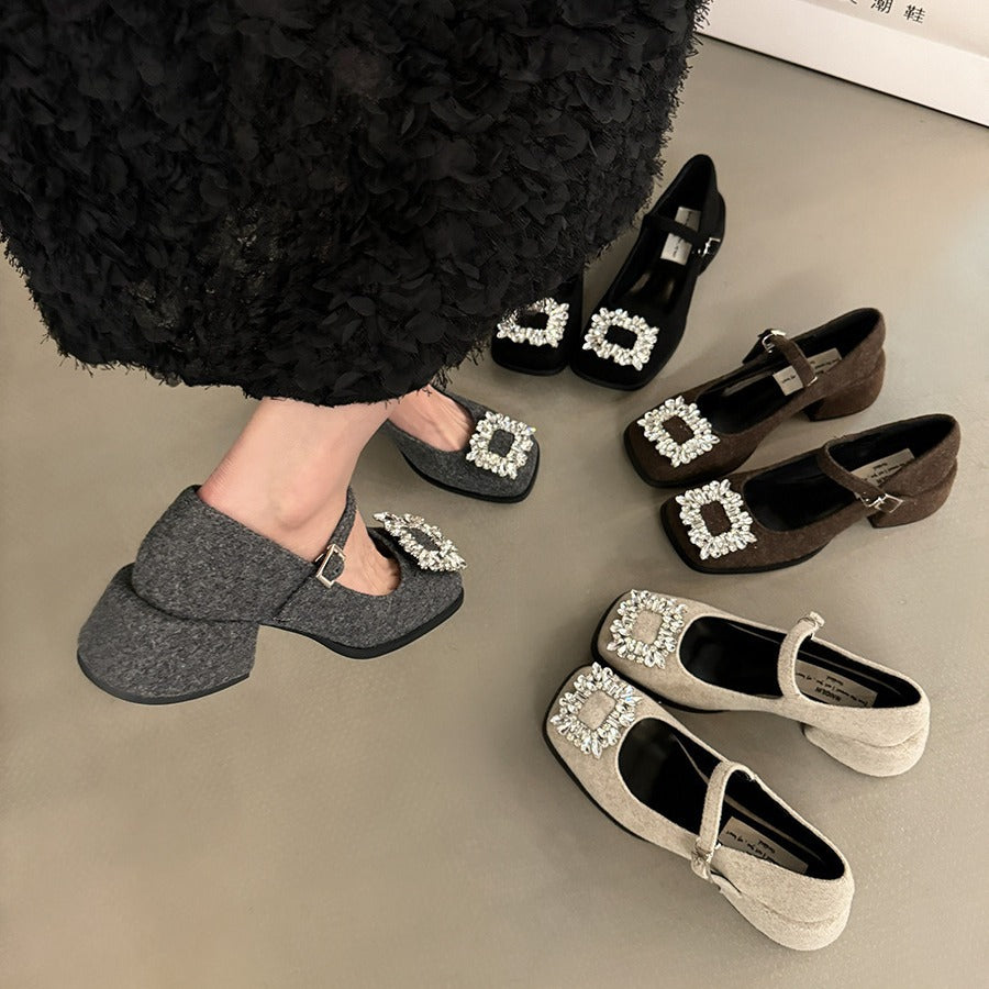 kamames Diamond Mary Jane Women's Shoes 2024 New Spring And Autumn Winter High-Heeled Shoes Black Evening Shoes