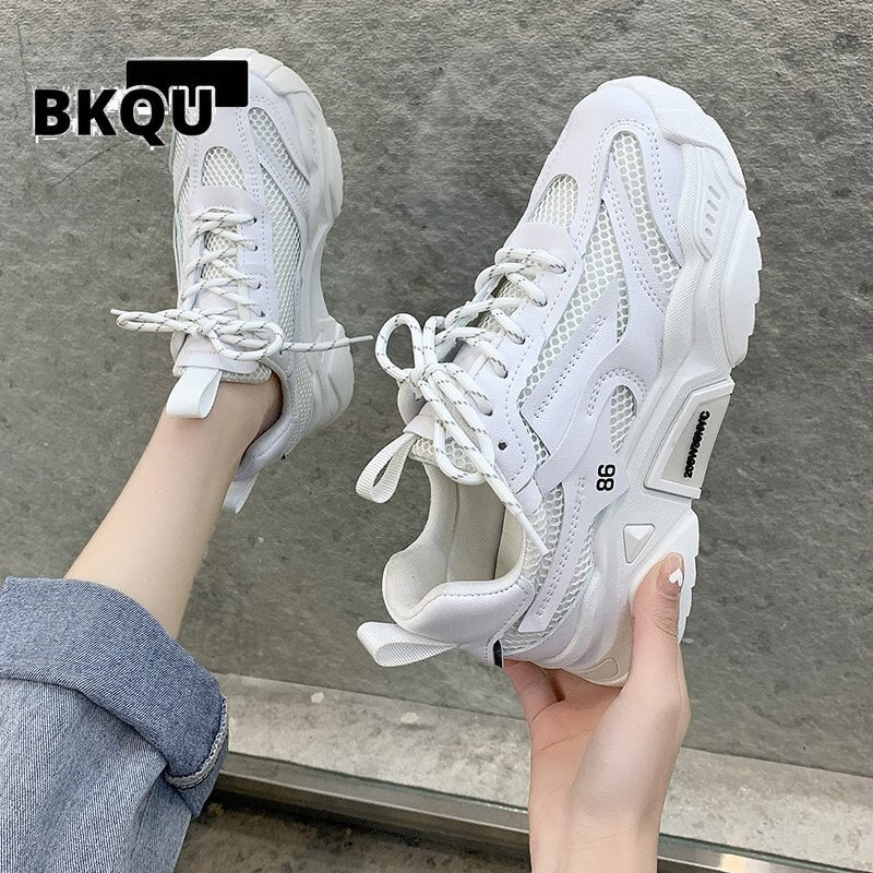 kamames Fashion White Chunky Sneakers Women Shoes Korean Yellow Sneakers Breathable Height Increased Non-slip Casuals Shoes 2022