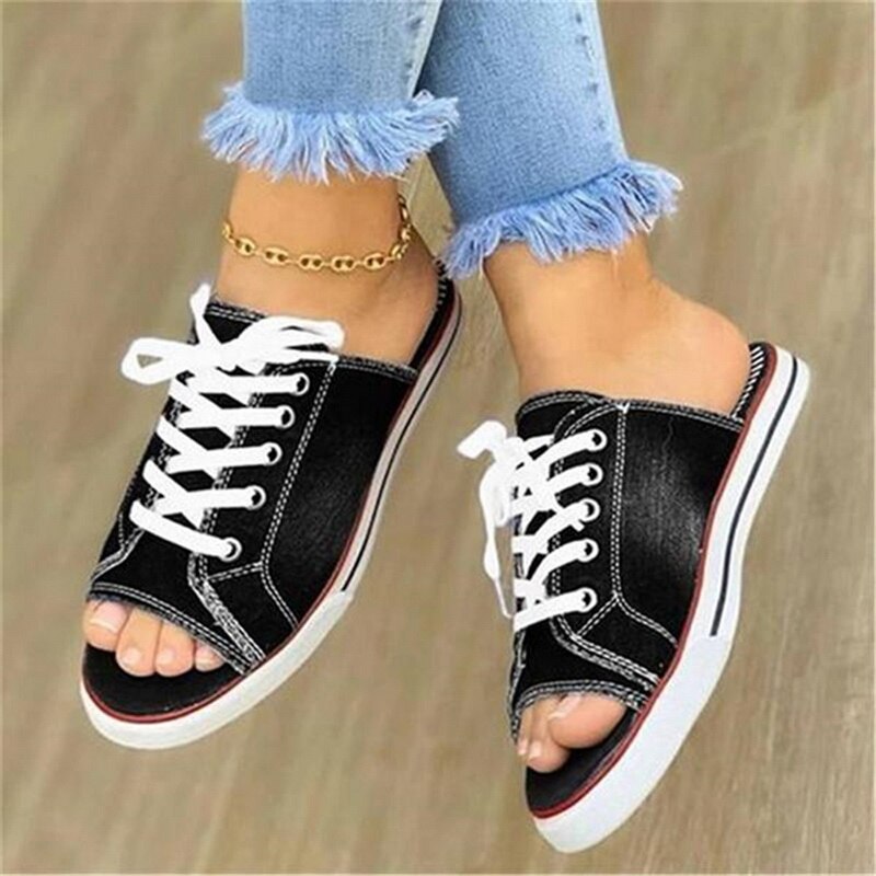 kamames summer open-toe fish mouth denim lace-up shoes casual flat shoes ladies large canvas slippers