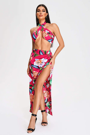 kamames Rakara Floral Halter Slit Maxi Dress