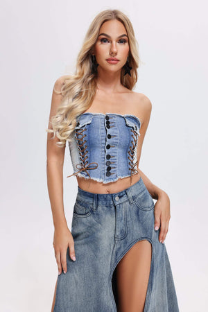 kamames Quintina Lace Up Denim Tube Top