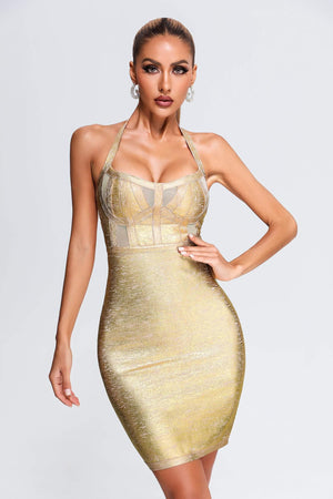 Kamames Halter Black Metallic Cocktail Dress - Gold