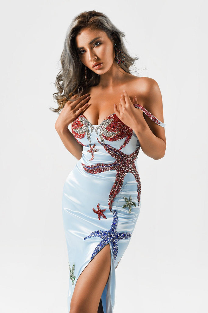 kamames Gilda Satin Diamonate Slit Maxi Dress