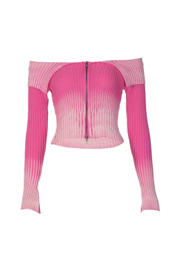 kamames Gradient Lapel Off Shoulder Zippered Knitted Cardigan