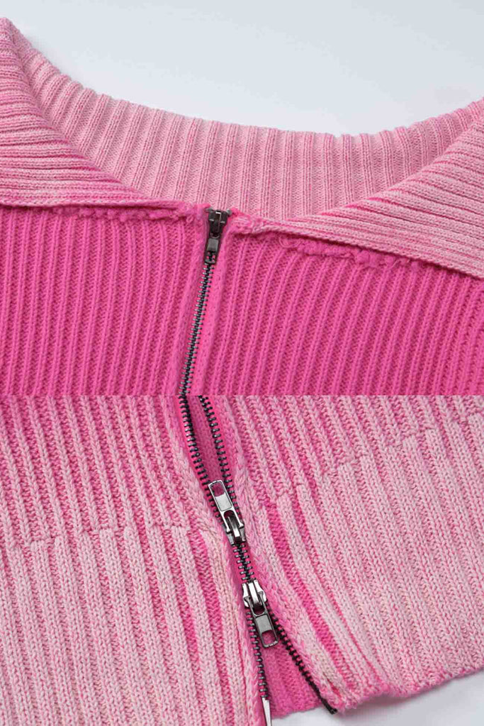 kamames Gradient Lapel Off Shoulder Zippered Knitted Cardigan