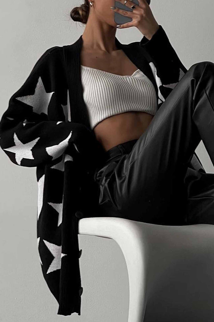 kamames Contrast Star Knitted Button Up Cardigan