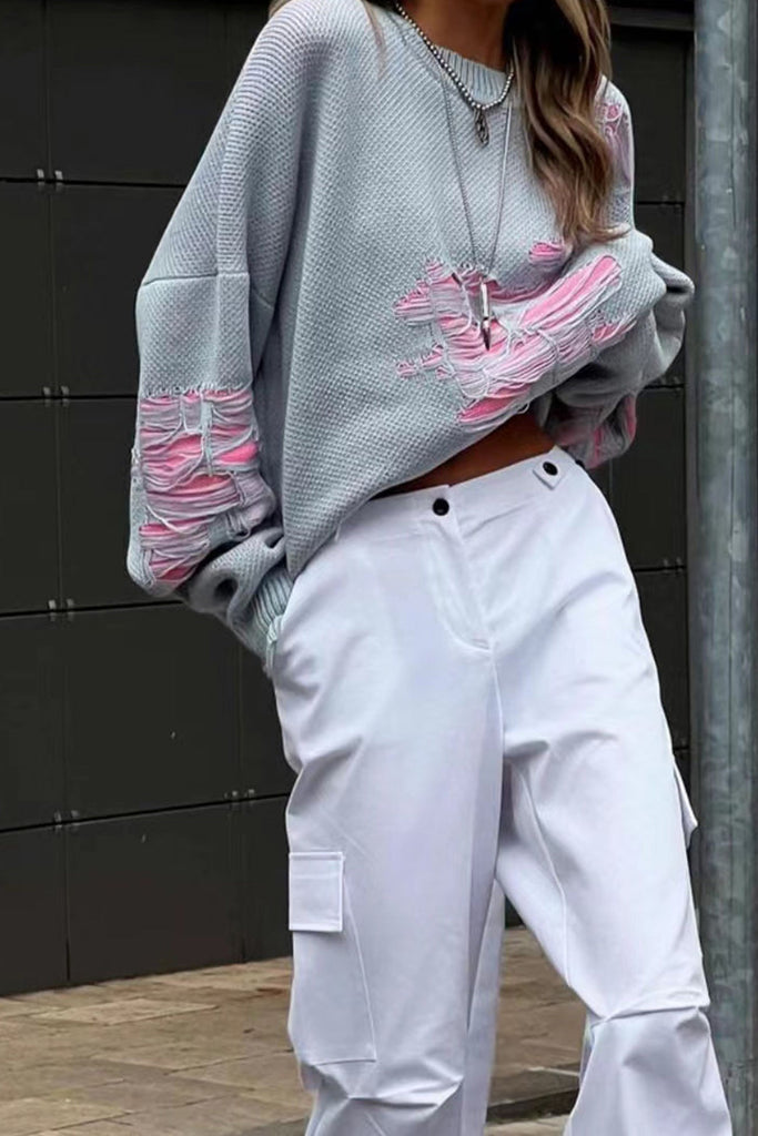 kamames Contrast Distressed Pullover Sweater