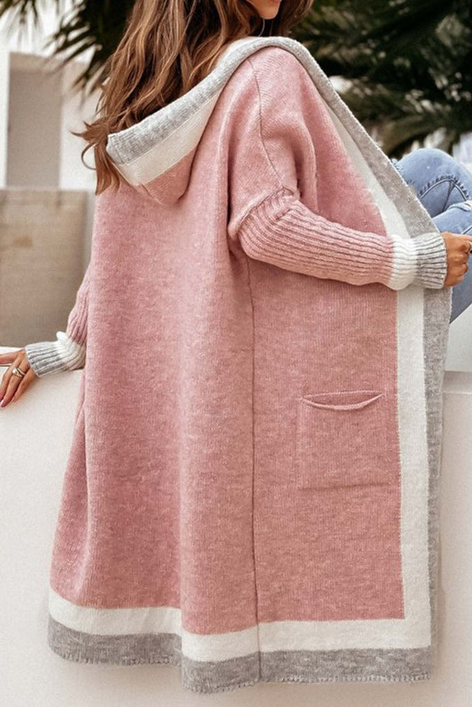 kamames Contrast Hoodie Open Front Long Cardigan