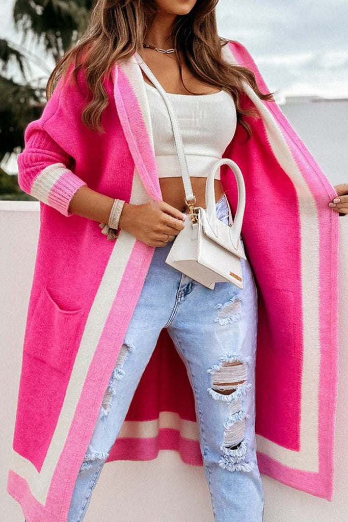 kamames Contrast Hoodie Open Front Long Cardigan