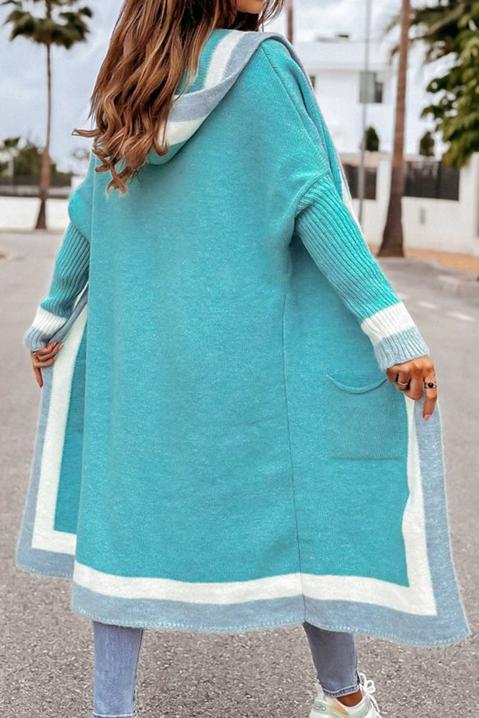 kamames Contrast Hoodie Open Front Long Cardigan
